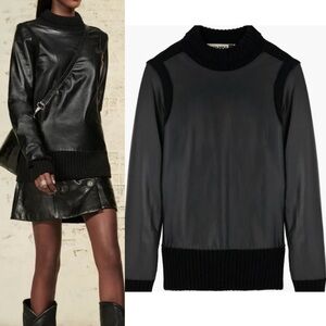 Zara SRPLS 100% Wool Sheep Leather Panel Chunky Knit Black Crew Sweater Large